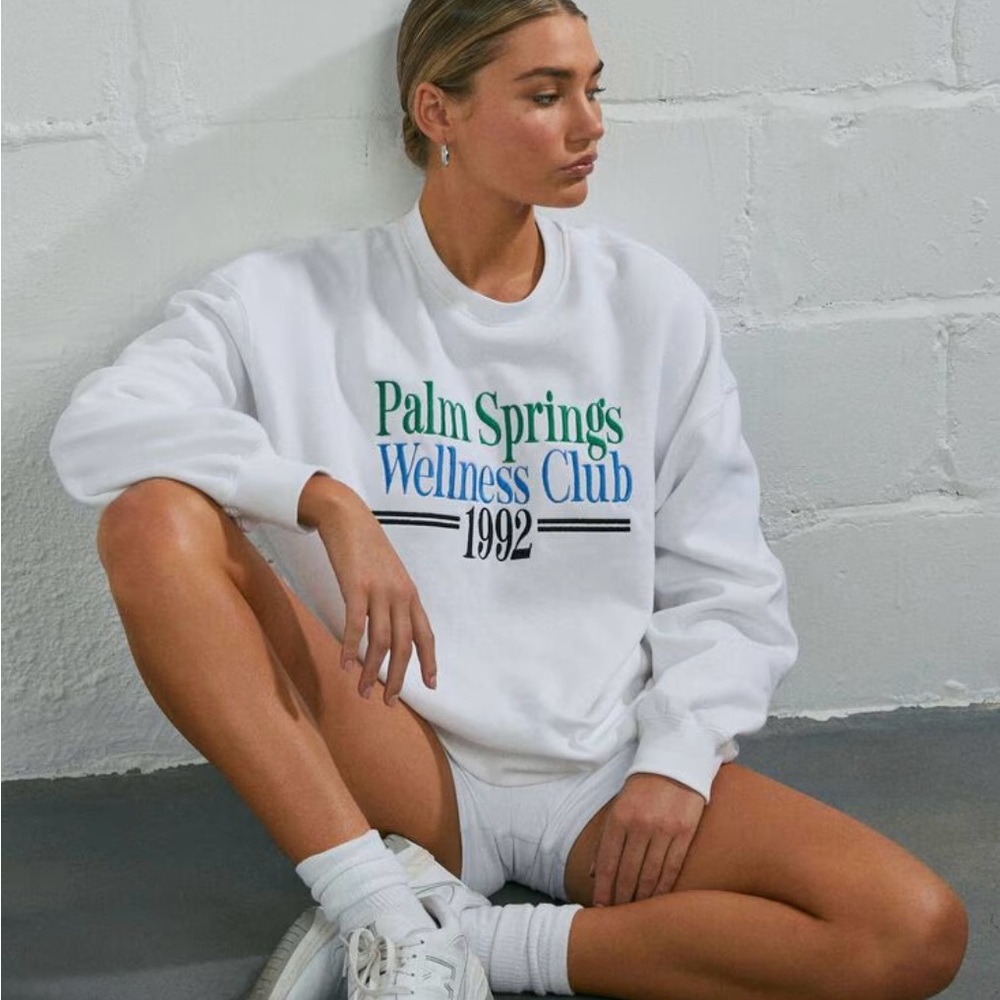 NWOT GARAGE Bright White with "Palm Springs" Art Oversized Crewneck Sweatshirt